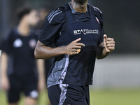 Abdelkarim Hassan from the Qatar National football team attends a training session at Aspire Academy in Doha, Qatar, on October 9, 2024, ahe...