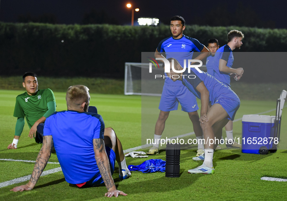 Players of the Kyrgyzstan National team train at Qatar University training pitch in Doha, Qatar, on October 9, 2024, ahead of the FIFA World...