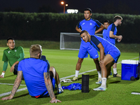 Players of the Kyrgyzstan National team train at Qatar University training pitch in Doha, Qatar, on October 9, 2024, ahead of the FIFA World...