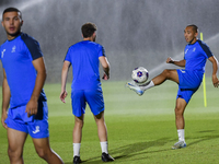 Players of the Kyrgyzstan National team train at Qatar University training pitch in Doha, Qatar, on October 9, 2024, ahead of the FIFA World...