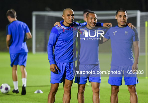 Players of the Kyrgyzstan National team train at Qatar University training pitch in Doha, Qatar, on October 9, 2024, ahead of the FIFA World...