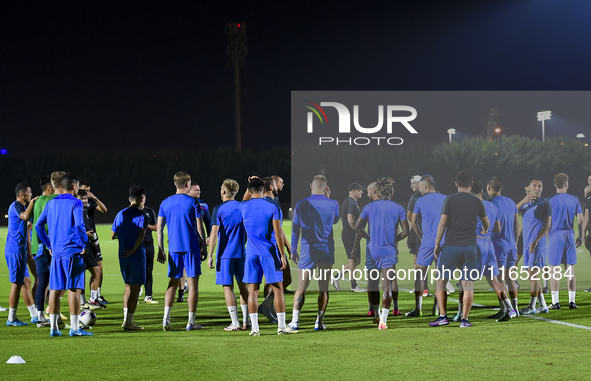 Players of the Kyrgyzstan National team train at Qatar University training pitch in Doha, Qatar, on October 9, 2024, ahead of the FIFA World...