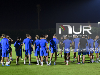 Players of the Kyrgyzstan National team train at Qatar University training pitch in Doha, Qatar, on October 9, 2024, ahead of the FIFA World...