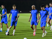 Players of the Kyrgyzstan National team train at Qatar University training pitch in Doha, Qatar, on October 9, 2024, ahead of the FIFA World...