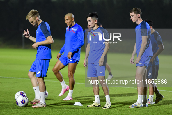 Players of the Kyrgyzstan National team train at Qatar University training pitch in Doha, Qatar, on October 9, 2024, ahead of the FIFA World...