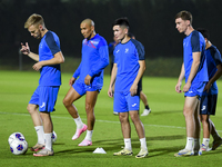 Players of the Kyrgyzstan National team train at Qatar University training pitch in Doha, Qatar, on October 9, 2024, ahead of the FIFA World...