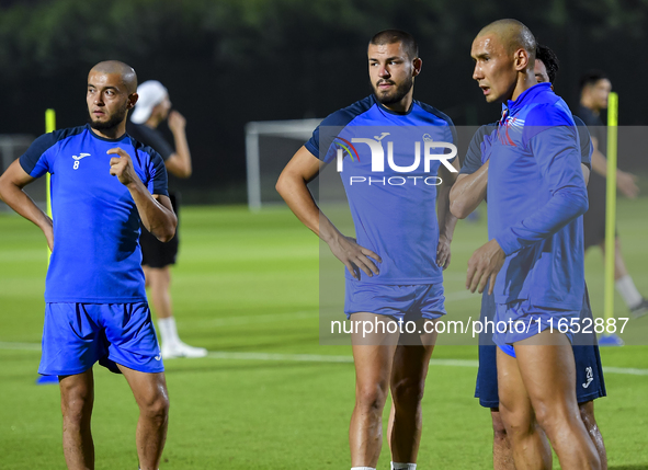 Players of the Kyrgyzstan National team train at Qatar University training pitch in Doha, Qatar, on October 9, 2024, ahead of the FIFA World...