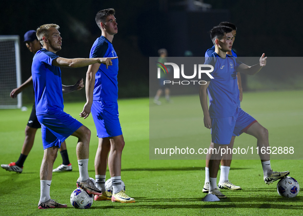 Players of the Kyrgyzstan National team train at Qatar University training pitch in Doha, Qatar, on October 9, 2024, ahead of the FIFA World...