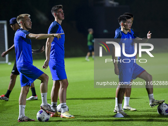 Players of the Kyrgyzstan National team train at Qatar University training pitch in Doha, Qatar, on October 9, 2024, ahead of the FIFA World...