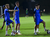 Players of the Kyrgyzstan National team train at Qatar University training pitch in Doha, Qatar, on October 9, 2024, ahead of the FIFA World...