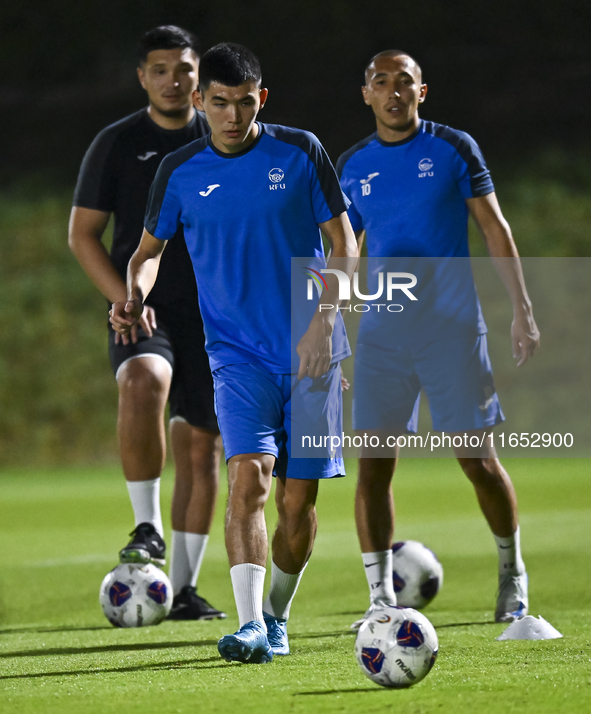 Players of the Kyrgyzstan National team train at Qatar University training pitch in Doha, Qatar, on October 9, 2024, ahead of the FIFA World...