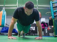 An athlete of Panathinaikos Boxing Club exercises in Athens, Greece, on October 9, 2024. (