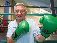 Former athlete of Panathinaikos Boxing Club Vagelis Oikonomakos exercises in Athens, Greece, on October 9, 2024. (