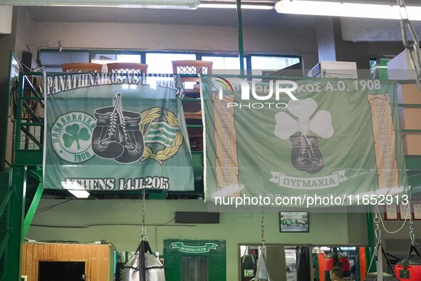 Flags of Panathinaikos Boxing Club and Hamarby are seen in Athens, Greece, on October 9, 2024. 