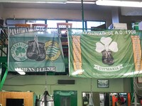 Flags of Panathinaikos Boxing Club and Hamarby are seen in Athens, Greece, on October 9, 2024. (