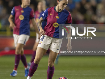 Mapi Maria Leon #4 of FC Barcelona plays during the UEFA Women's Champions League Group D match between Manchester City and FC Barcelona at...