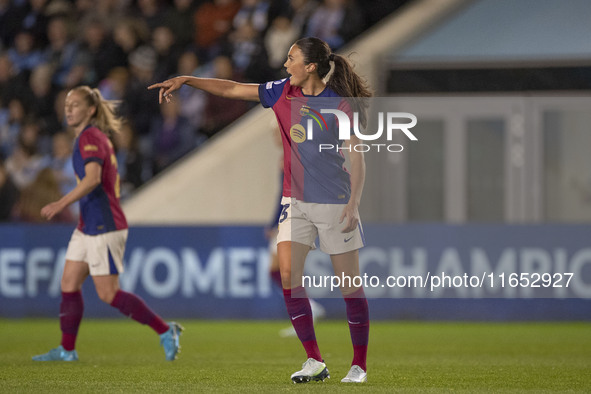 Ingrid Syrstad Engen #23 of FC Barcelona gesticulates during the UEFA Women's Champions League Group D match between Manchester City and FC...