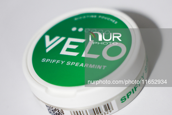 Velo nicotine pouches packaging is seen in this illustration photo taken in Krakow, Poland on October 9, 2024. 