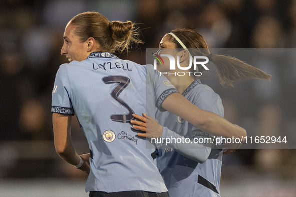 Naomi Layzell #3 of Manchester City W.F.C. celebrates her goal during the UEFA Women's Champions League Group D match between Manchester Cit...