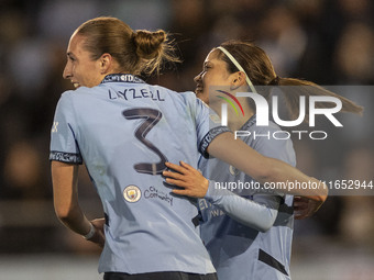 Naomi Layzell #3 of Manchester City W.F.C. celebrates her goal during the UEFA Women's Champions League Group D match between Manchester Cit...