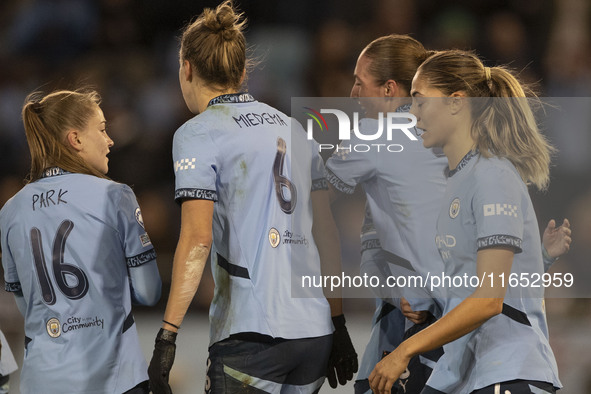 Naomi Layzell #3 of Manchester City W.F.C. celebrates her goal during the UEFA Women's Champions League Group D match between Manchester Cit...