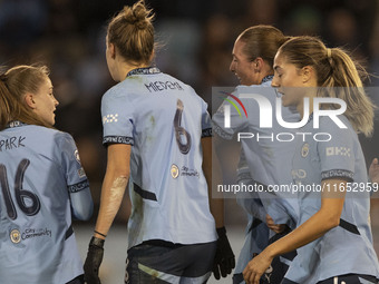 Naomi Layzell #3 of Manchester City W.F.C. celebrates her goal during the UEFA Women's Champions League Group D match between Manchester Cit...