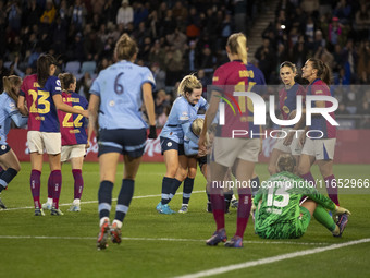 Naomi Layzell #3 of Manchester City W.F.C. celebrates her goal during the UEFA Women's Champions League Group D match between Manchester Cit...