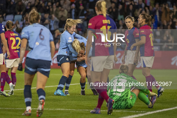 Naomi Layzell #3 of Manchester City W.F.C. celebrates her goal during the UEFA Women's Champions League Group D match between Manchester Cit...