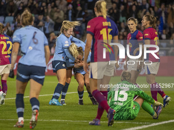 Naomi Layzell #3 of Manchester City W.F.C. celebrates her goal during the UEFA Women's Champions League Group D match between Manchester Cit...