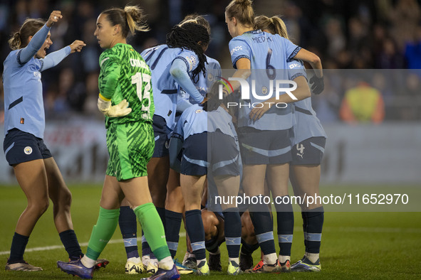 Naomi Layzell #3 of Manchester City W.F.C. celebrates her goal during the UEFA Women's Champions League Group D match between Manchester Cit...