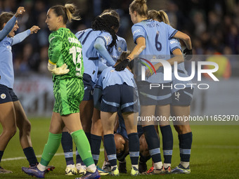 Naomi Layzell #3 of Manchester City W.F.C. celebrates her goal during the UEFA Women's Champions League Group D match between Manchester Cit...