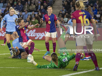 Naomi Layzell, #3 of Manchester City W.F.C., scores a goal during the UEFA Women's Champions League Group D match between Manchester City an...