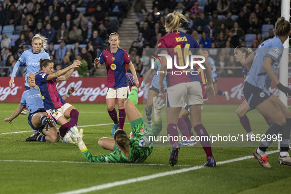 Naomi Layzell, #3 of Manchester City W.F.C., scores a goal during the UEFA Women's Champions League Group D match between Manchester City an...