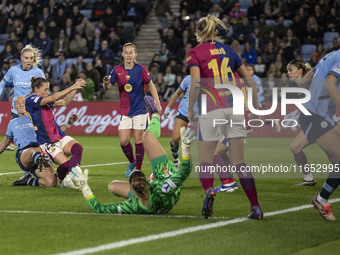 Naomi Layzell, #3 of Manchester City W.F.C., scores a goal during the UEFA Women's Champions League Group D match between Manchester City an...