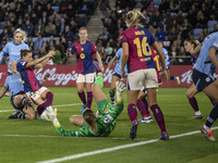 Naomi Layzell, #3 of Manchester City W.F.C., scores a goal during the UEFA Women's Champions League Group D match between Manchester City an...