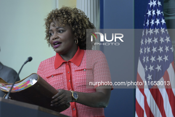 The White House Press Secretary Karine Jean-Pierre holds a press briefing about Hurricane Milton in Washington DC, USA, on October 9, 2024,...