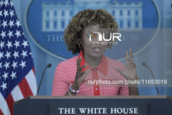 The White House Press Secretary Karine Jean-Pierre holds a press briefing about Hurricane Milton in Washington DC, USA, on October 9, 2024,...