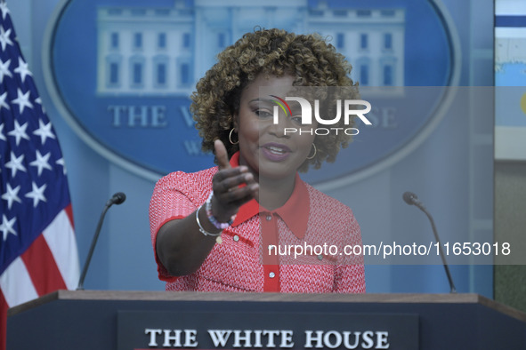 The White House Press Secretary Karine Jean-Pierre holds a press briefing about Hurricane Milton in Washington DC, USA, on October 9, 2024,...