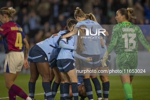 Manchester City W.F.C. celebrates the goal during the UEFA Women's Champions League Group D match between Manchester City and FC Barcelona a...