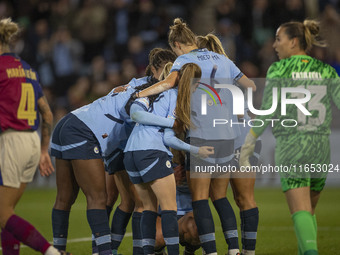 Manchester City W.F.C. celebrates the goal during the UEFA Women's Champions League Group D match between Manchester City and FC Barcelona a...