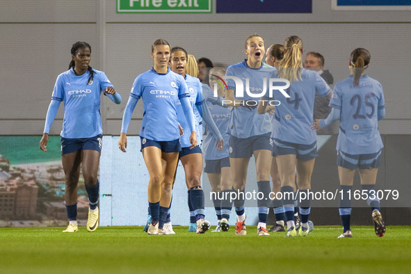 Khadija Shaw #21 of Manchester City W.F.C. celebrates her goal during the UEFA Women's Champions League Group D match between Manchester Cit...