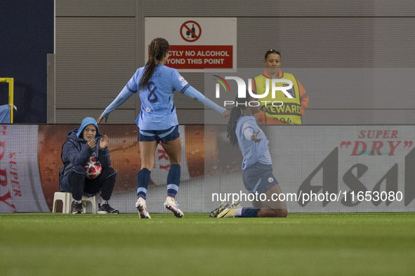 Khadija Shaw #21 of Manchester City W.F.C. celebrates her goal during the UEFA Women's Champions League Group D match between Manchester Cit...