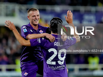 Yacine Adly of ACF Fiorentina doesn't celebrate against his former club AC Milan after scoring first goal during the Serie A Enilive match b...