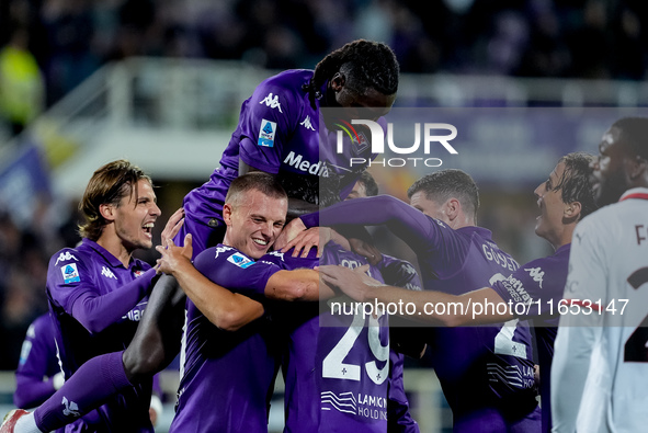 Yacine Adly of ACF Fiorentina doesn't celebrate against his former club AC Milan after scoring first goal during the Serie A Enilive match b...