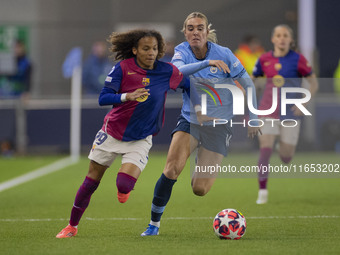 Vicky Lopez #19 of FC Barcelona is in action during the UEFA Women's Champions League Group D match between Manchester City and FC Barcelona...