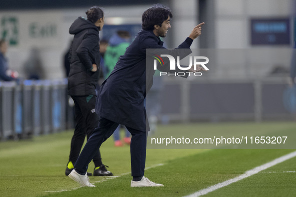 Pere Romeu, manager of FC Barcelona, gesticulates during the UEFA Women's Champions League Group D match between Manchester City and FC Barc...