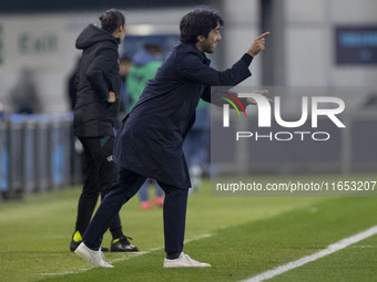 Pere Romeu, manager of FC Barcelona, gesticulates during the UEFA Women's Champions League Group D match between Manchester City and FC Barc...