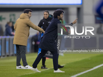 Pere Romeu, manager of FC Barcelona, gesticulates during the UEFA Women's Champions League Group D match between Manchester City and FC Barc...