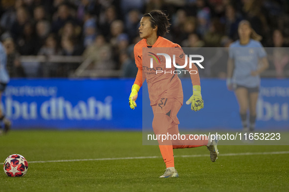 Ayaka Yamashita, number 31 and goalkeeper for Manchester City W.F.C., participates in the UEFA Women's Champions League Group D match betwee...