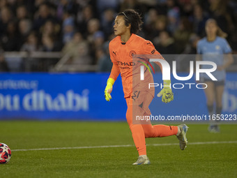 Ayaka Yamashita, number 31 and goalkeeper for Manchester City W.F.C., participates in the UEFA Women's Champions League Group D match betwee...